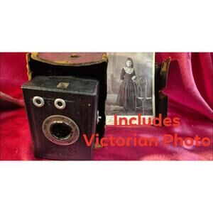 1940s Cord Box Camera 6x9 Format made in France with Case & Antique Sepia Photo